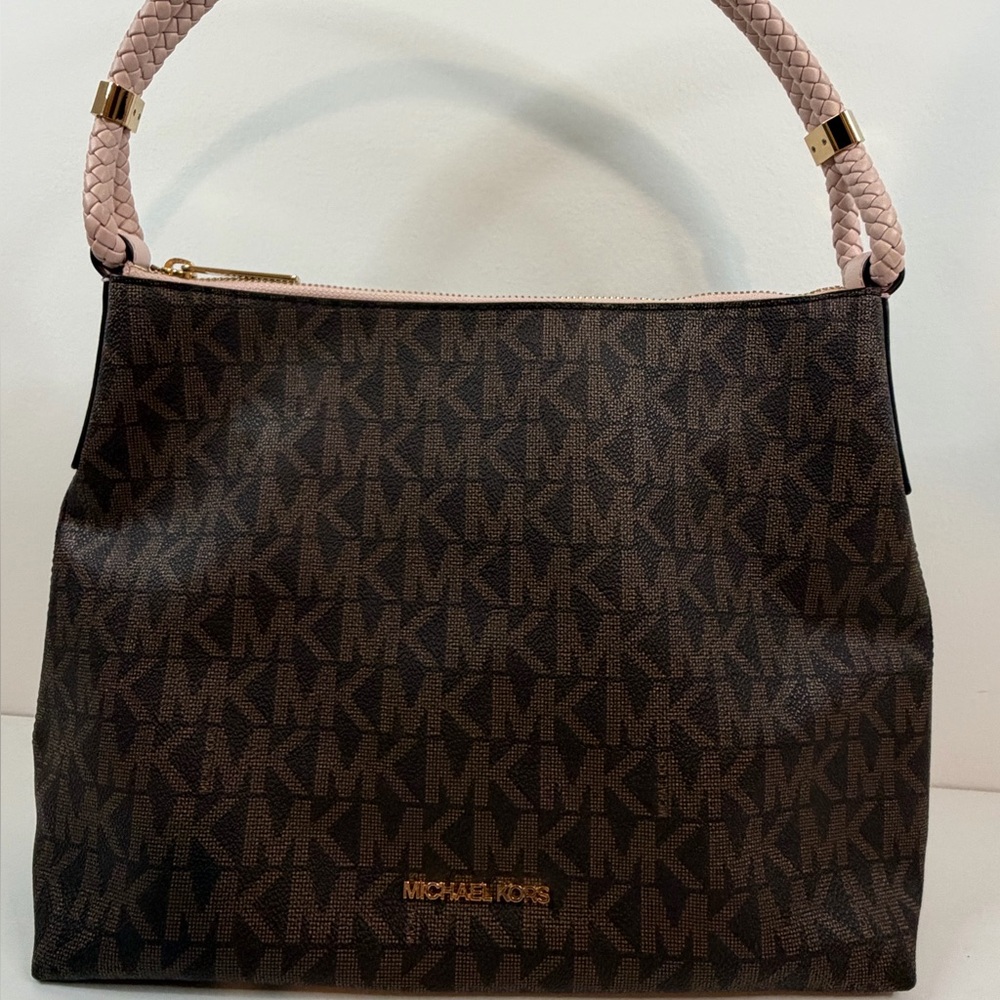 Michael Kors Brown Monogram Pink Braided Strap & Bottom Shoulder Bag Very Clean